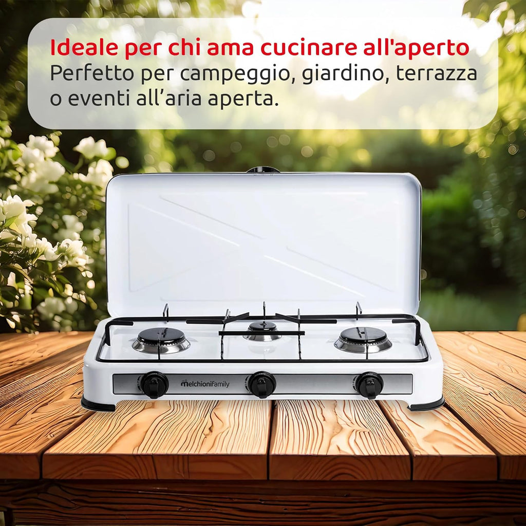 Melchioni Family Minerva 3 | Fornello a Gas 3 Fuochi - Struttura in Acciaio Smaltato, Griglia e Fuochi Removibili, Regolazione Fiamma, Potenza 2.9Kw