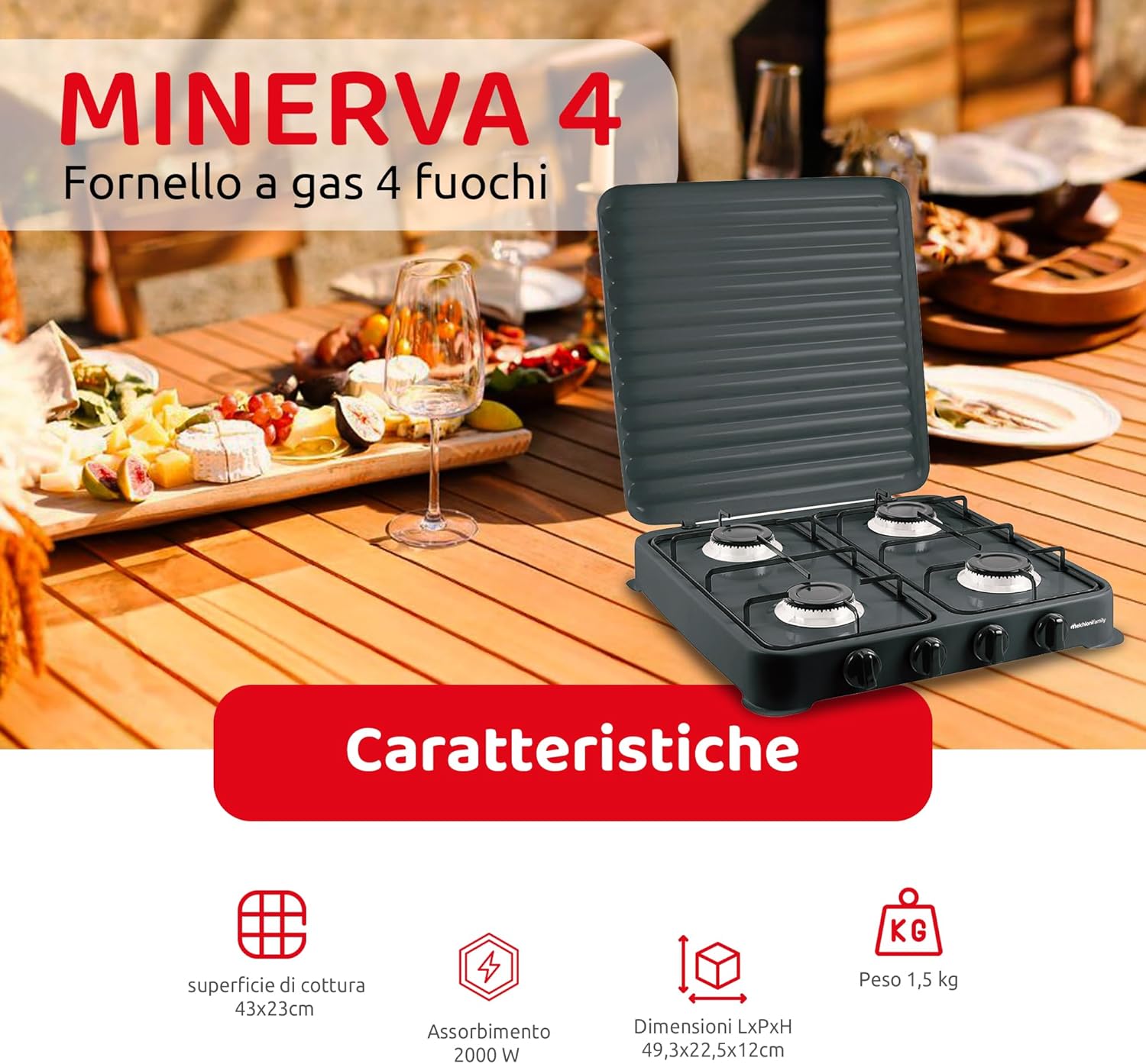 Melchioni Family | Fornello a Gas Modello MINERVA NEW, Quattro Fuochi, Colore Nero, per Utilizzo Esterno, con Griglia e Fuochi Rimovibili e Coperchio