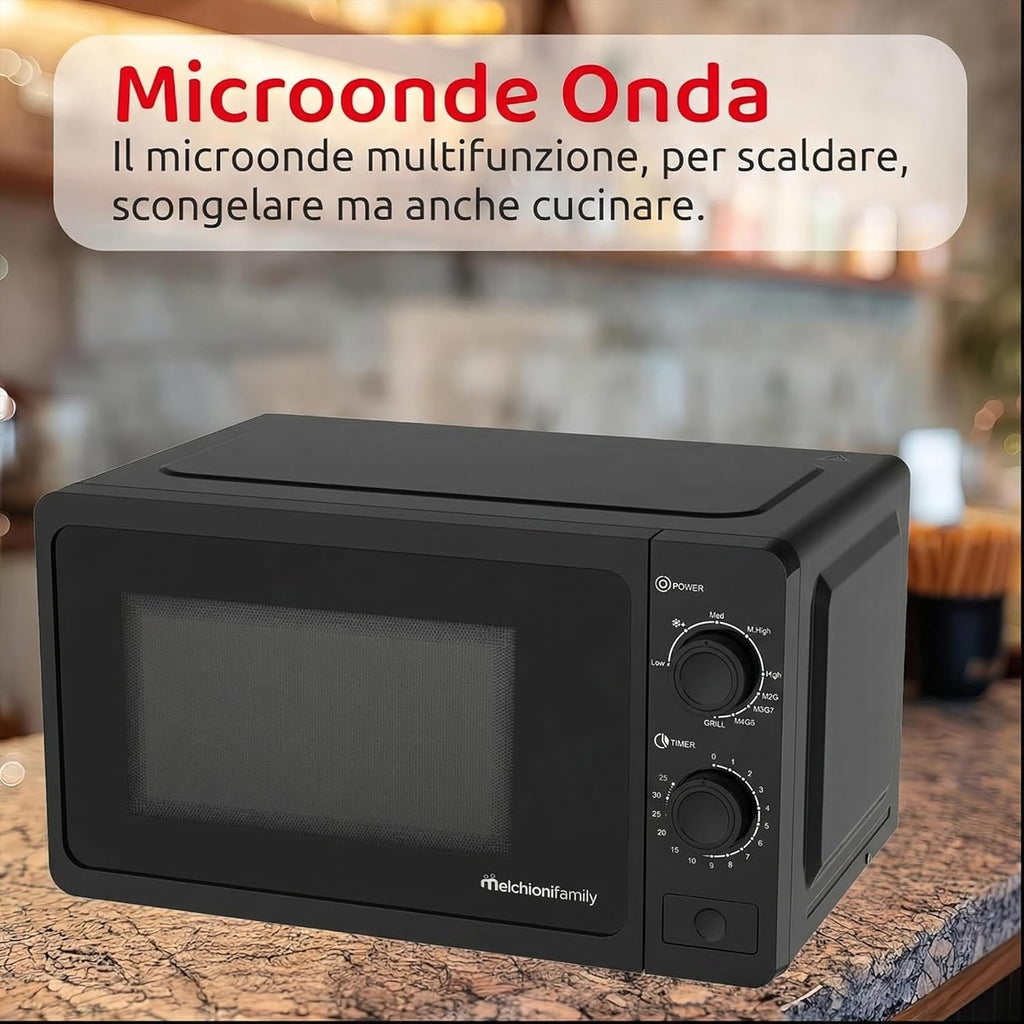Melchioni Family Microonde 20L con Grill - ONDA - 800W - Dimensioni 46x32x26 cm - Timer 1–35 Minuti - Piatto in Vetro e Apertura con Pulsante - Nero