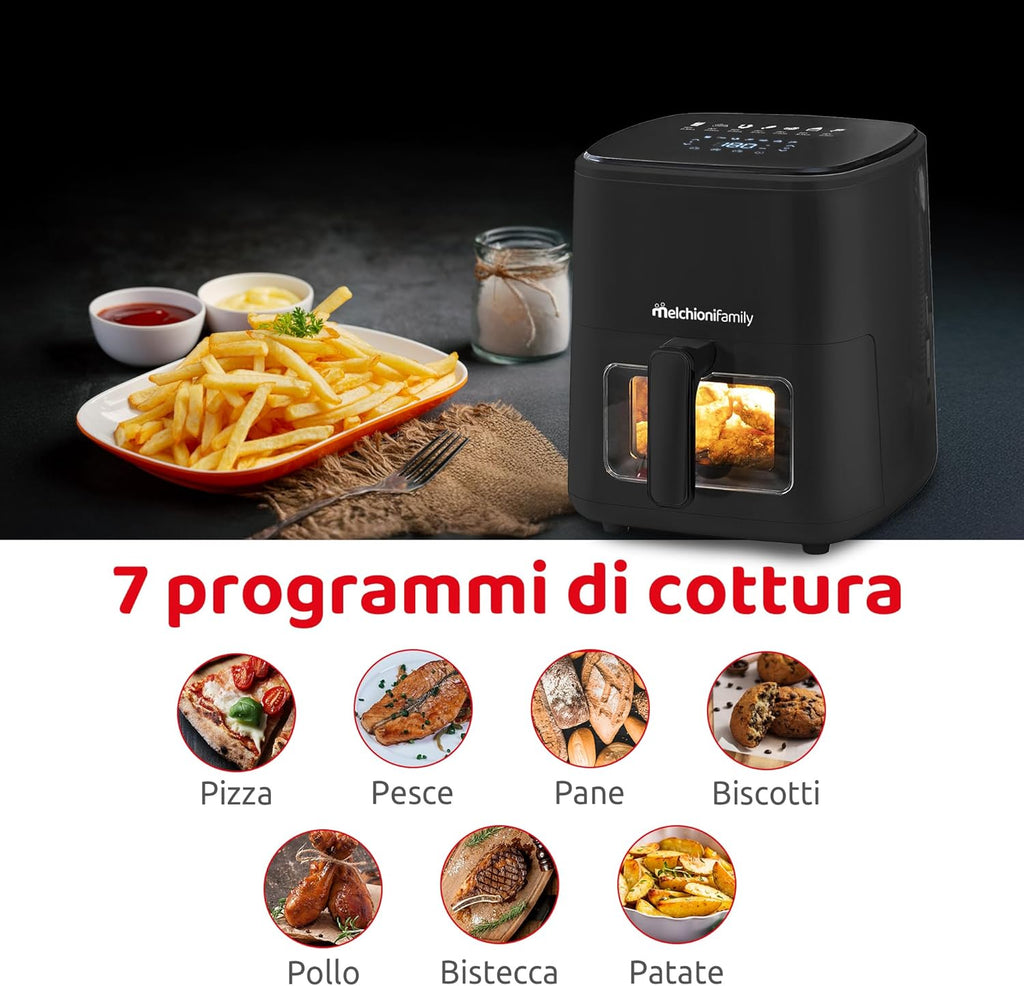 Melchioni Family | Marianna New, Friggitrice ad Aria 5L, Compatta, Touch Display, 7 Programmi, Antiaderente, Timer 60 Min, Temperatura 80°-200°C, Controllo Cottura Senza Aprire lo Sportello