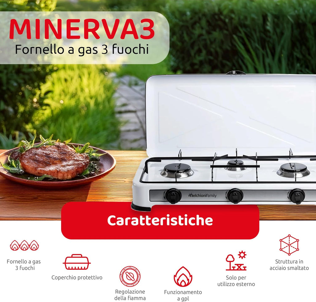 Melchioni Family Minerva 3 | Fornello a Gas 3 Fuochi - Struttura in Acciaio Smaltato, Griglia e Fuochi Removibili, Regolazione Fiamma, Potenza 2.9Kw