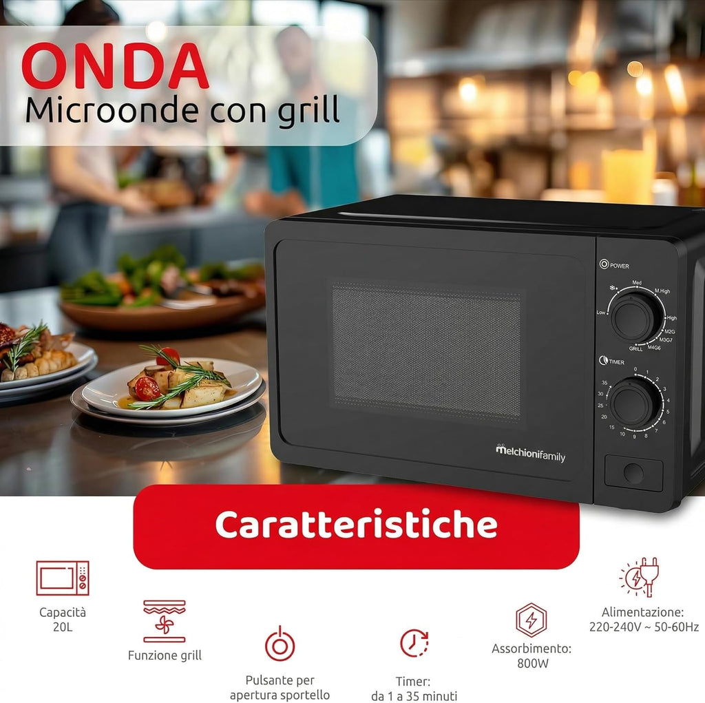 Melchioni Family Microonde 20L con Grill - ONDA - 800W - Dimensioni 46x32x26 cm - Timer 1–35 Minuti - Piatto in Vetro e Apertura con Pulsante - Nero