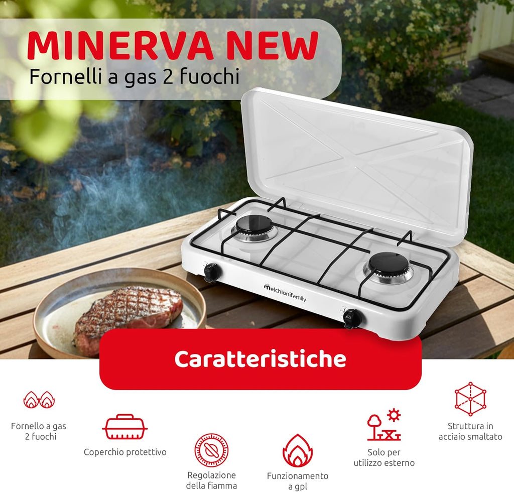 Melchioni Family | Fornello a Gas da Campeggio MINERVA 2 con 2 Fuochi, Fornelletto GPL Portatile con Coperchio, Griglia e Fuochi Removibili, Bianco