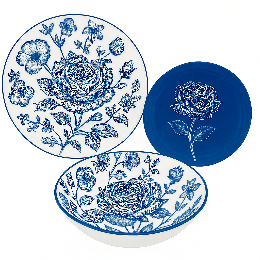 Today Home, Servizio piatti per 6 persone, 18 pezzi, Porcellana, Rosa Blu, Adatto: Microonde e Lavatoviglie