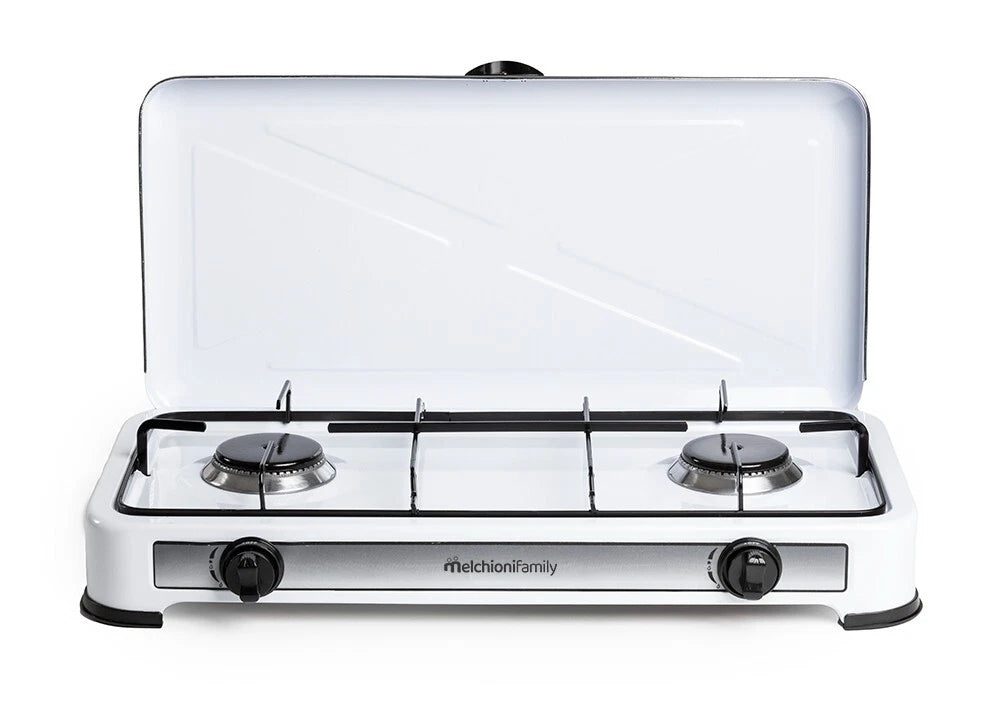 Melchioni Family | Fornello a Gas da Campeggio MINERVA 2 con 2 Fuochi, Fornelletto GPL Portatile con Coperchio, Griglia e Fuochi Removibili, Bianco